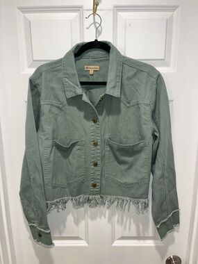Democracy Sage Green Fringe Hem Jean Jacket patch pockets coat crop L